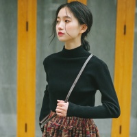 韩版新款半高领坑条针织衫毛线打底衫长袖修身显瘦套头纯色上衣女