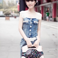 夏季新款 韩版甜美蕾丝无袖背心牛仔裙 连衣裙 配腰带